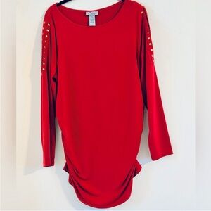 Catherines Ruched Red Grommet Studded Slit Sleeves Tunic Size 14/16